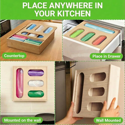 Baggie Organizer for Drawer, Wooden 4 Slot Zip Lock Storage Bag Organizer Holder - Wall Mounted Kitchen Food Baggie Dispenser Compatible with Sandwich Snack Gallon Quart Tea Slider Bags