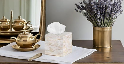 PEMAR 5.9″ Handmade Mother of Pearl Tissue Box Cover – Acacia Wood Cube, 5.35″ Interior Fits 5″ Square Boxes, Sliding Bottom, Lacquer Rustic Farmhouse Decor (Milano)