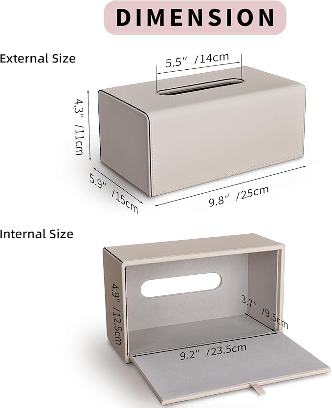 Tissue Box Cover, PU Leather Rectangular Tissue Box Holder with Magnetic Bottom Cover for Facial Tissues/Napkins, Office & Living Room Decor Box for Standard 120-count (3-Ply) 160-count (2-Ply) Beige