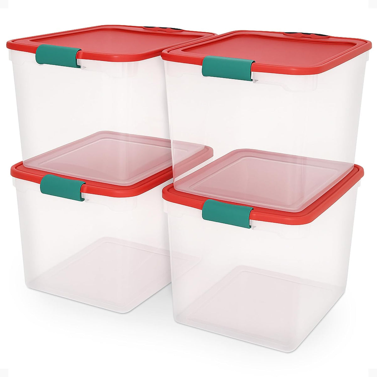 HOMZ 4-Pack Holiday Tote, Plastic Storage Organizer Bins with Lids, 31 Quart, Clear/Red - Stackable Organizing Containers for Home, Garage, and Office