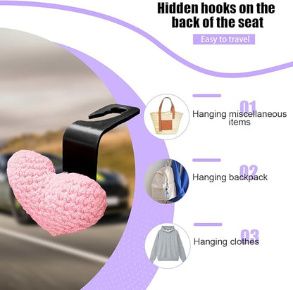 2PCS Car Headrest Hook, Cute Wool Heart Vehicle Seat Hangers for Umbrellas Grocery Bags, Automotive Interior Backseat Storage Organizer Hook, Universal for SUV, Sedan, Truck (Pink)