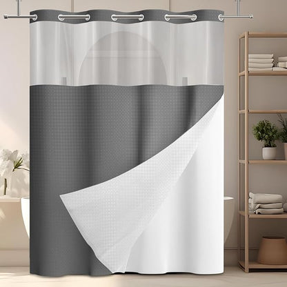 GICDSU No Hook Shower Curtain with Snap in Liner, Waffle Shower Curtain Set for Bathroom, Hotel Style with Semi-Sheer Top Window, Waterproof & Washable, Dark Grey, 71" W x 80" L