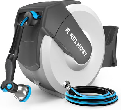 Retractable Garden Hose Reel 100 ft x 1/2 in, Heavy Duty Hose Reel Wall Mount with Any Length Lock, Auto Rewind System, 180° Swivel Bracket, 10-Pattern Garden Hose Nozzle, White & Grey