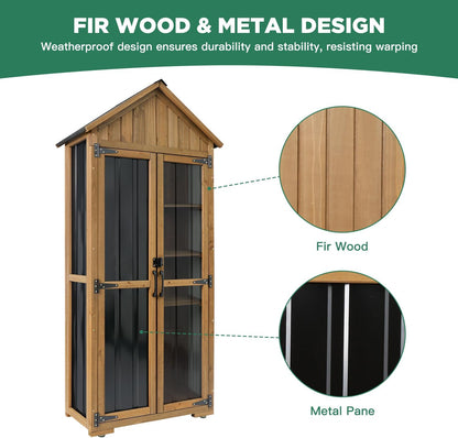 Outdoor Storage Cabinet, Wood & Metal Storage Shed with Weather-Resistant Roof, Adjustable Shelf, Lockable Doors & Adjustable Feet, for Garden, Patio, Backyard, 27.5" x 13" x 67" (Brown+Black)
