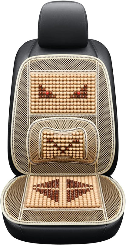 Natural Wood Beaded Seat Cover with Cooling Ventilated Mesh, Massage Seat Cushion with Lumbar Support for Car/Truck Driver