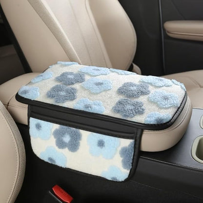 Plush Fleece Car Armrest Cover, Armrest Protection Cover with Side Storage Pockets, Armrest Seat Box Cover, Car Center Console Cushion Pad(blue)