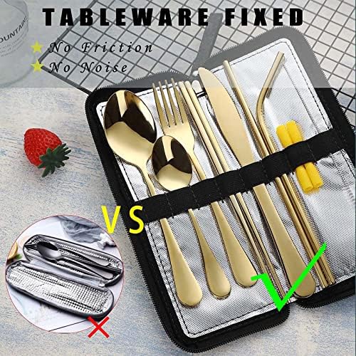 VANDBAO Camping Utensils Set, Portable Travel Utensils with Case for Fixing Tableware, Reusable Stainless Steel Stable Cutlery Set, Lunch Picnic Flatware Silverware (Gold Set)