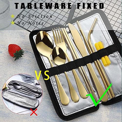 VANDBAO Camping Utensils Set, Portable Travel Utensils with Case for Fixing Tableware, Reusable Stainless Steel Stable Cutlery Set, Lunch Picnic Flatware Silverware (Gold Set)