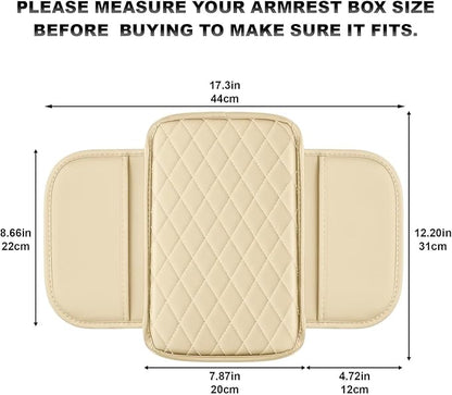 Upgraded Car Center Console Cover Fit for Tacoma Faux Leather Car Armrest Cover Cushion with 2 Storage Bags,Car Armrest Storage Box Interior Accessories(Beige&Whiteline)