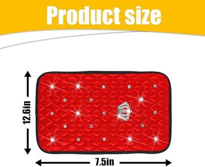 Mandark Bling Car Center Console Cover, Rhinestones Crown Vehicle Armrest Seat Box Mat Pad, Diamond Automotive Interior Arm Rest Cushion Protector Decor Accessories, Universal Fit(Red)