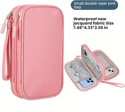 Portable Waterproof Double Layers All-in-One Storage Bag, Travel Cord Organizer，Electronics Accessories Organizer Pouch Bag for Accessories,Charger, USB Cable, Gadget (pink)