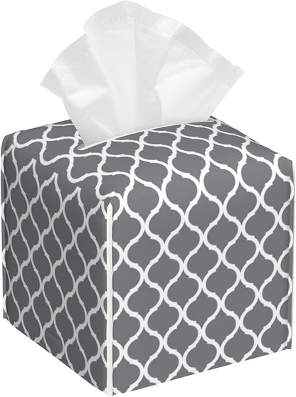POIUBLE Tissue Box Holder Grey Quatrefoil Tissue Box Cover Square Leather Tissue Holder Organizer Portable Decorative Facial Paper Case for Home Office Bathroom Vanity Countertop