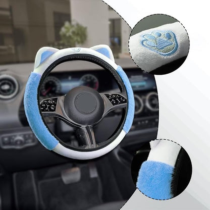 Car Steering Wheel Cover, 15 Inch Fluffy Soft Plush Auto Protector, Anti-Slip Elastic Lovely Car Cover Accessories with Kitty Cat Ears Universal for Most Vehicles (Fluffy-White+Blue)