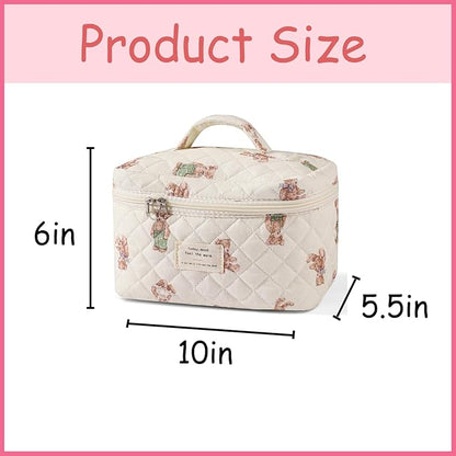 uekeboag Large Travel Quilted Makeup Bag for Women, Floral Cotton Cosmetic Bag, Coquette Aesthetic Floral Toiletry Organizer Bag