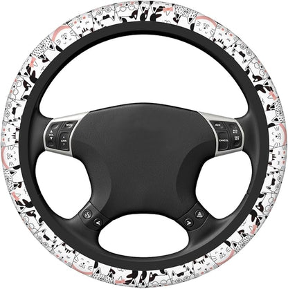 Black and White Cat Steering Wheel Cover Women Men Pink Elastic Stretch Soft Car Wheel Protector Universal Breathable No-Slip Car Accessories for Truck Van SUV Auto Fit 14-15 Inches