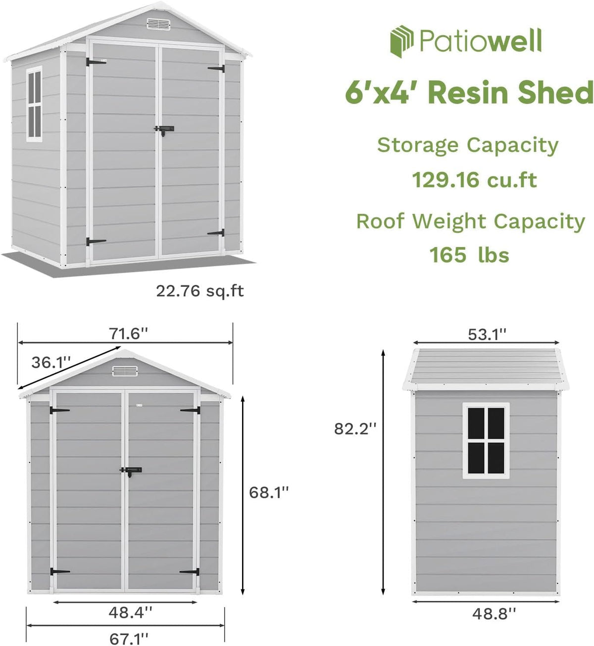Patiowell 6x4 FT Plastic Outdoor Storage Shed, Resin Outside Shed Perfect to Store Patio Furniture, GardenTools Bike Accessories, Beach Chairs and Lawn Mower, Light Grey