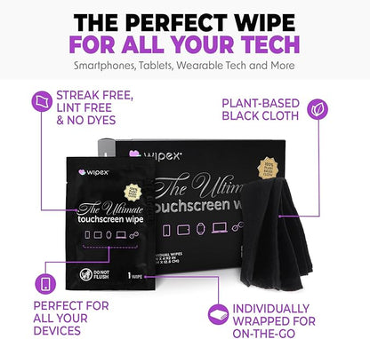 Wipex Car Screen Cleaner & Dashboard Cleaner Bundle - Auto Screen Wipes, Plant-Based Black Cloth, 24 Individually Wrapped Screen Wipes & 40 Interior Cleaning Wipes for Streak-Free Polish