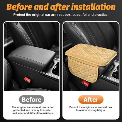 Car Center Console Cover, Leather Vehicle Armrest Cushion Pad with 2 Storage Bags, Comfortbale Automotive Interior Middle Seat Box Protector Accessories, Universal Fit (Beige)
