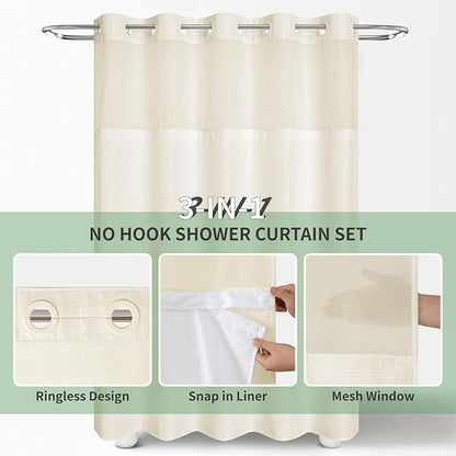 eachope Cream No Hook Shower Curtain with Snap-in Fabric Liner Set,Waffle Weave Shower Curtains for Bathroom,Hotel Luxury Decor Bathroom Curtain Set,Waterproof & Washable,71Wx74H
