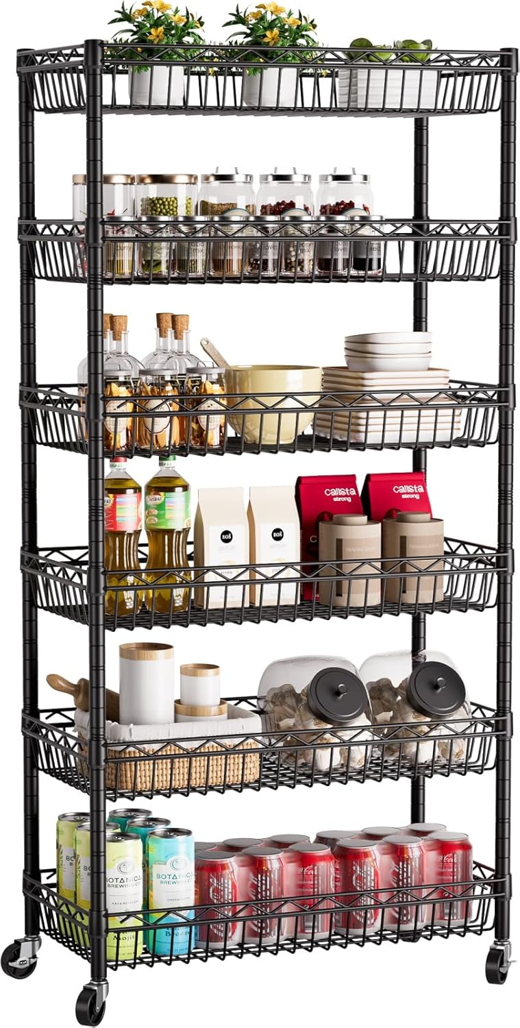 6 Shelves Storage Shelf Wire Closet Bathroom Organizers Metal Pantry Kitchen Garage Shelving Unit Laundry Room Organization Home Rack Net Basket Black with Wheels 30" Dx14 Wx65 H