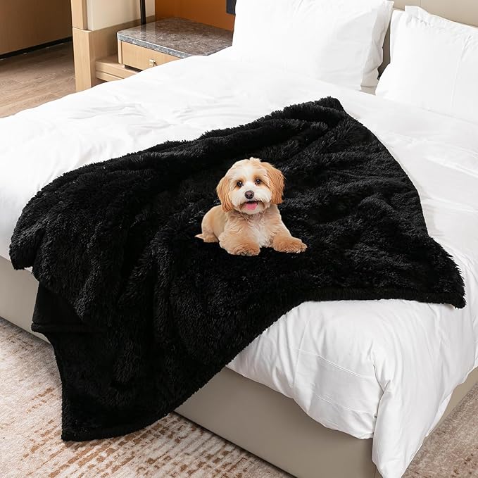 Wowchine Calming Fleece Cat Blankets Black Waterproof Pets Blanket for Dogs Reversible Long Faux Fur Puppy Throw Blankets(Black,L)