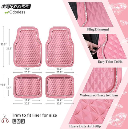 CAR PASS Bling Diamond Rubber Car Mats, Heavy Duty Deep Dish All-Weather Floor Mat Full Set Anti-Slip 3D Rhombus Waterproof Trim Fit Liner Universal Glitter Sparkly Shining Rhinestone, Pink Rubber
