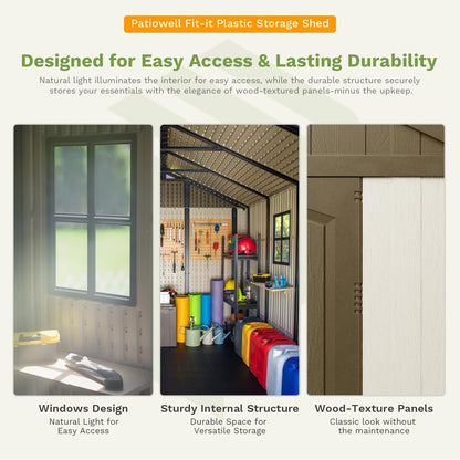Patiowell 8 x 6 FT Plastic Outdoor Storage Shed with Floor, Resin Shed with Window and Lockable Door for Garden, Backyard, Tool Storage Use, Easy to Install in Brown (Kick-it Shed)