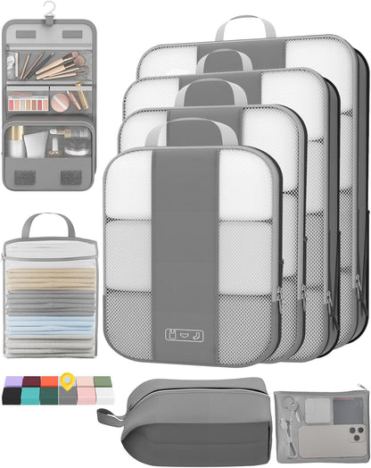 8 Set Compression Packing Cubes for Travel Essentials,Compressible Expandable Packing Cubes for Suitcase,OlarHike Luggage Organizer Bags for Travel,Handy Helper for Organizing Clothes(Gray)