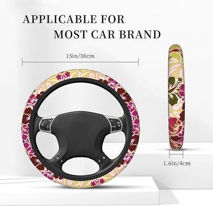Hawaiian Hibiscus Pattern Car Steering Wheel Cover Anti-Slip Breathable and Sweat Absorption Neoprene Universal 14-15 Inch Inches Car Accessories