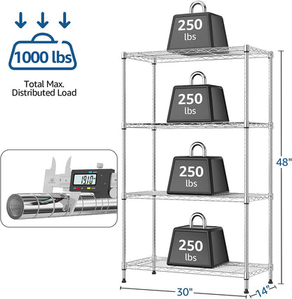1000 lbs 4Tier Shelf Metal Storage Shelves Wire Rack Closet Organizers with Wheel for Garage Kitchen Bathroom Laundry Chrome 13.7" D x 29.5" W x 47.2" H