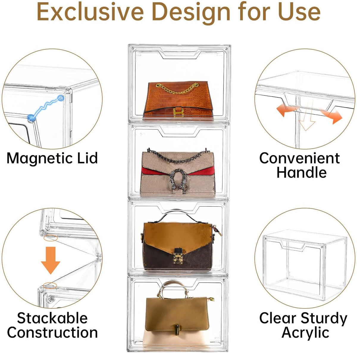 Stackable Storage Bins, Clear Acrylic Display Case, 5-Pack Acrylic Boxes with Lids, Clear Storage Containers Storage for Handbags, Collectibles & Figures