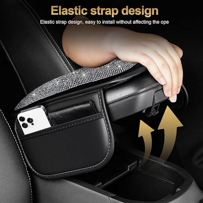 Bling Center Console Cover Fit for Toyota Corolla with 2 Storage Bags Fully Diamond-Studded Style Center Console Armrest Cover with Total Protection(Silver Diamond)