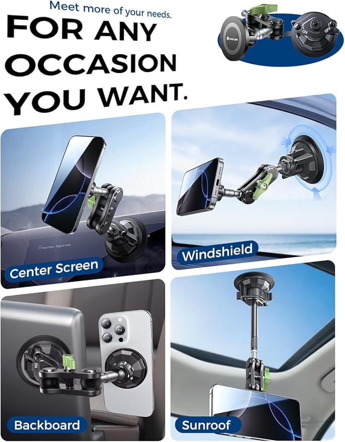 MAGIC JOHN Magnetic Car Phone Holder [Strong Suction&Strong Magnetic] 360° Adjustable Car Phone Mount for Windshield, Ultra-Durable Metal, Suction Cup Car Phone Mount for iPhone Samsung All Smartphone