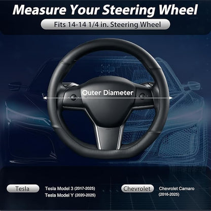 SEG Direct Flat Bottom Steering Wheel Cover, D Shaped Car Wheel Cover 14-14 1/4 in. (35.5-36 cm), for Tesla Model 3 / Y, for Camaro, Black White Embossed Microfiber Leather