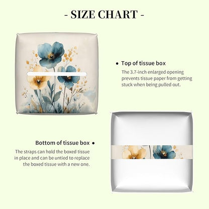 Watercolor Blue and Gold Poppy Tissue Box Cover,Abstact Flowers Plants Waterproof Leather Square Tissue Box Cover Case Facial Paper Organizer Dispenser Box Holder for Home Office Bathroom Vanity