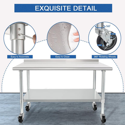 HARDURA Stainless Steel Table 30 x 48 Inches with Wheels Casters NSF Heavy Duty Commercial Prep Table with 2” Backsplash and Adjustable Undershelf for Restaurant Kitchen Home and Hotel