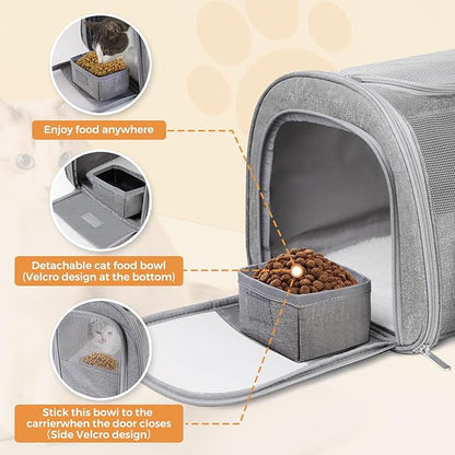 Soft Cat Carrier for Pets Up to 25 lbs, Cat Pet Travel Bag with Padded Shoulder Strap and Detachable Cat Food Bowl, Pet Dog Carriers for Small Dogs and Puppies, Travel Carry, Gray