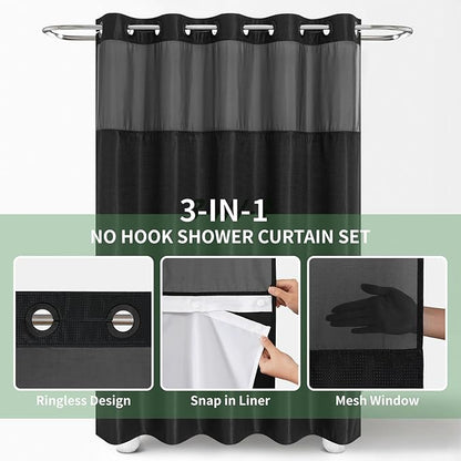 eachope Extra Long No Hook Shower Curtain with Snap-in Fabric Liner Set,Black Waffle Weave Shower Curtains for Bathroom,Hotel Luxury Decor Bathroom Curtain Set,Waterproof & Washable,71Wx86H