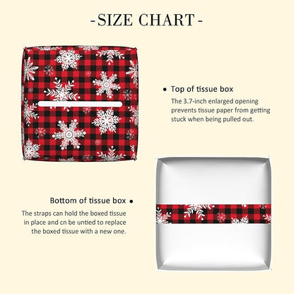 Red and Black Checkered Leather Tissue Box Holder Christmas Snowflakes Tissue Box Cover Square Waterproof Tissue Holder Organizer Modern Napkin Holder for Bedroom Dresser Night Stand Office Desk
