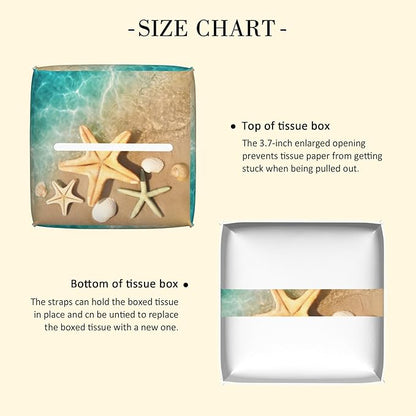 POIUBLE Beach Theme Tissue Box Holder Seashell Starfish Print Tissue Box Cover Square Leather Tissue Holder Organizer Portable Decorative Facial Paper Case for Home Office Bathroom Vanity Countertop