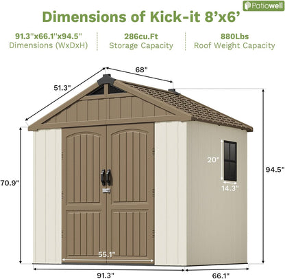 Patiowell 8 x 6 FT Plastic Outdoor Storage Shed with Floor, Resin Shed with Window and Lockable Door for Garden, Backyard, Tool Storage Use, Easy to Install in Brown (Kick-it Shed)