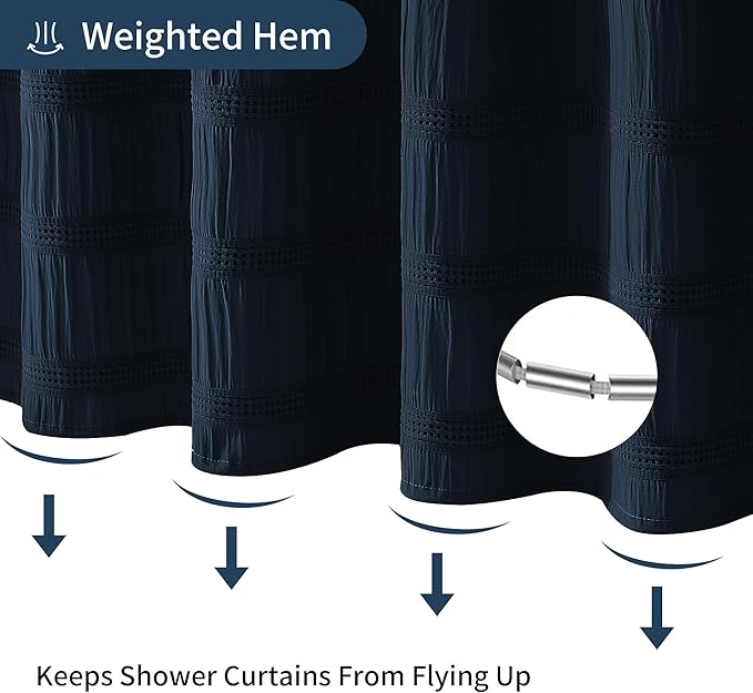 Lameirose Extra Long Navy Blue Shower Curtain Farmhouse,72 x 84 Cotton Blend Waffle Tufted Striped Chic Textured Fabric Shower Curtain for Bathroom, Hotel