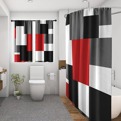 Culudea Geometric Red White Shower Curtain Set, Black and Gray Modern Bathroom Window Waterproof Shower Curtain Set for Bathroom Decor