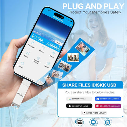 iDiskk 256GB iPhone Photo Storage Stick MFi Certified Flash Drive Photo Stick for iPhone (14/13/12/12 pro/12 pro max/11/11 Pro/XR/X) Flashdrive for iPhone iPad MacBook/Laptops/PC for Photos Videos
