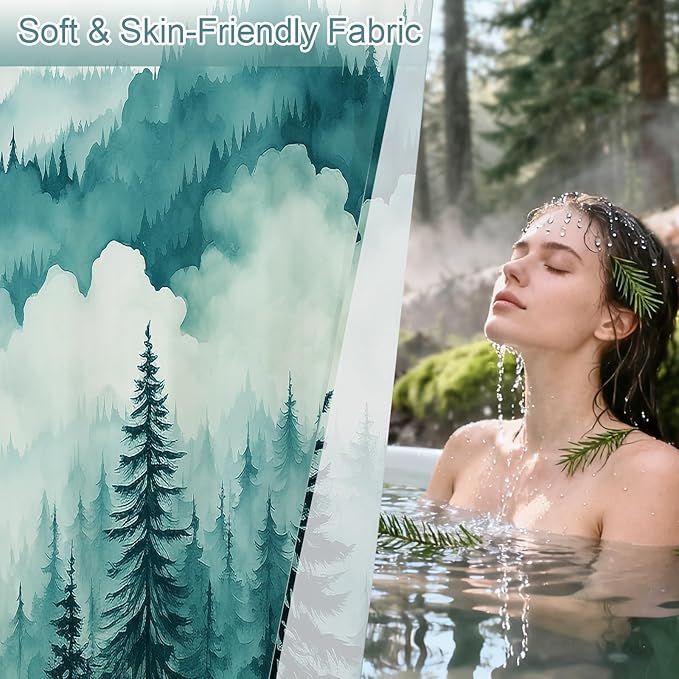 Litabel Teal Blue Small Stall Misty Pine Forest Shower Curtain 36 x 72, Mountain Foggy Woodland Scenery Tree Narrow Half Size Shower Curtains for Bathroom, Turquoise Waterproof Nature-Themed Decor