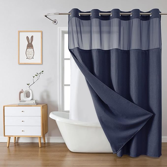 eachope Navy Extra Long No Hook Waffle Weave Shower Curtain with snap-in Liner Replacement, 230GSM Waterproof Fabric Hotel Shower Curtain Set for Bathroom, Through Mesh Top Window,71Wx86H
