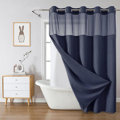 eachope Navy Long No Hook Waffle Weave Shower Curtain with snap-in Liner Replacement, 230GSM Waterproof Fabric Hotel Shower Curtain Set for Bathroom, Through Mesh Top Window,71Wx80H