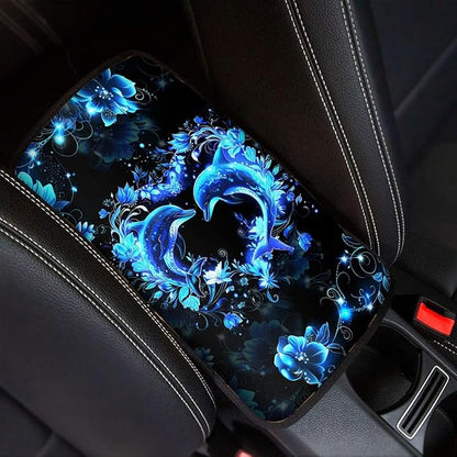 Heart Dolphin Car Armrest Cover Pad for Women Girls Non Slip Decorative Center Console Cushion Dustproof Car Armrest Box Protector Cover Breathable Softs