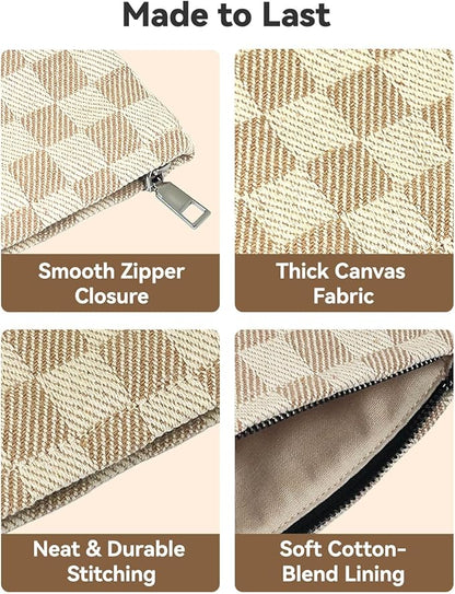 fahombag 2 Pcs Checkered Makeup Bag Set Canvas Cosmetic Pouch for Women Large & Small Cute Preppy Aesthetic Travel Toiletry Pouch Organizer for Purse Skincare Brushes, Khahi
