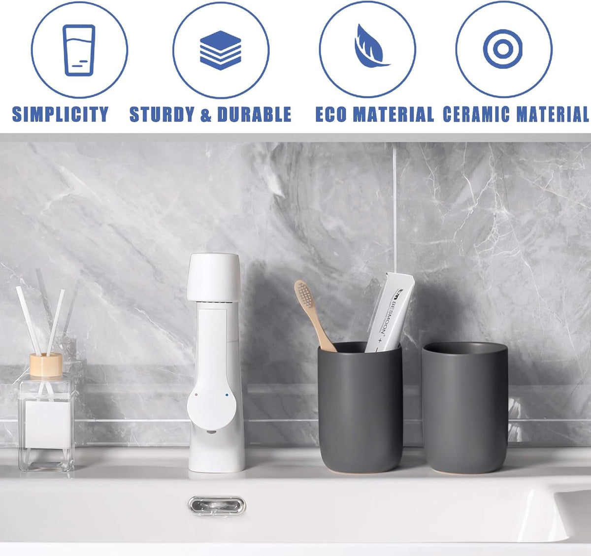 Matte Grey Toothbrush Holders for Bathrooms - Ceramic Toothbrush Toothpaste Holders Set, Grey Bathroom Tumbler Cups Reusable Toothbrush Cup, Counter Organizer